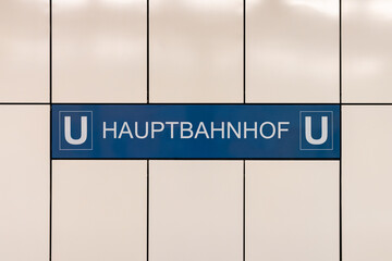 Hauptbahnhof (main station) sign of the U-Bahn (underground) in Berlin, Germany. Location name on...