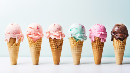 Various ice cream scoops with assorted ice cream balls in waffles on a white background