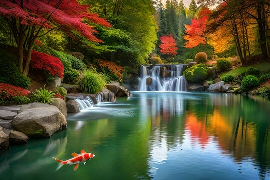 Generate a picture of a serene garden pond where koi fish swim gracefully