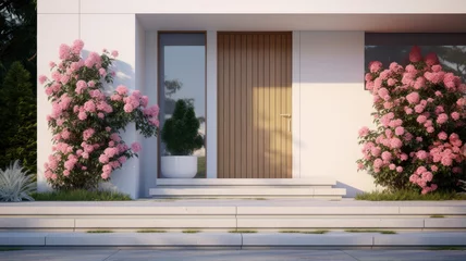 Fotobehang A striking white entrance door surrounded by geometric steps and white potted flowers exudes modern charm. © lililia