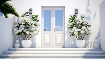 Foto auf Acrylglas A striking white entrance door surrounded by geometric steps and white potted flowers exudes modern charm. © lililia