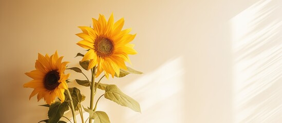 Minimalistic still life arrangement featuring a stylish sunflower with elegant sunlight shadows against a light backdrop