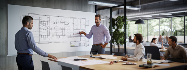 Chief architect takes apart a blueprint of a new project on a whiteboard with his colleagues