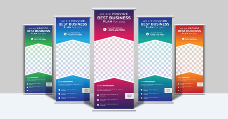 Corporate roll up banner stand design. Business marketing and advertising x banner, pop up, pull up template. 5 color and 5 bundle layout 2023. - obrazy, fototapety, plakaty