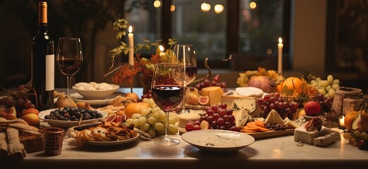 red wine with grapes and cheese various type on table, Generative Ai