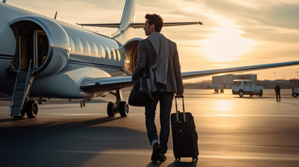 Man with luggage in the background of a private plane