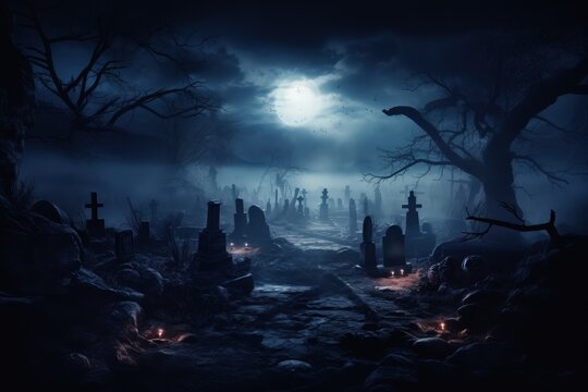 Halloween background - old rickety tombstones in an abandoned cemetery under the full moon.
