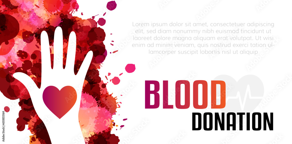 Canvas Prints blood donation concept. horizontal vector poster with paint splash and help hand design elements