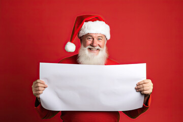 Naklejka premium Senior Santa Claus with a positive expression holding a blank Christmas billboard