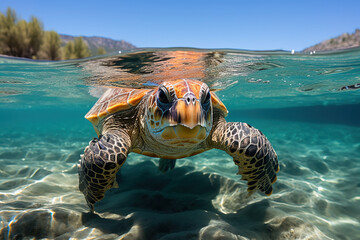 turtle swimming on the caribbean on shallow clear waters