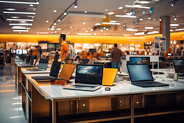 A modern technology store with a wide range of electronic devices, laptops, and gadgets for sale.