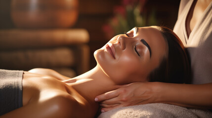 Obraz na płótnie Canvas Woman enjoying head and neck massage in spa salon