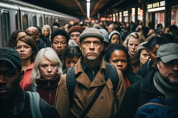 crowd of people passengers at underground subway platform look unhappy and serious, Generative Ai - Powered by Adobe