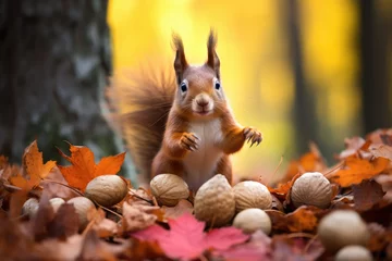 Keuken spatwand met foto Squirrel collecting and storing nuts amidst a backdrop of colorful autumn leaves © thejokercze