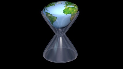 Planet Earth in hourglass. Earth falls and melts inside hourglass. Water, ocean drops fall through hour glass.
3d render illustration.
