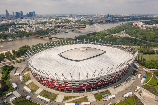 Poland, Warsaw, May 2019 - Aerial view of PGE Narodowy stadium