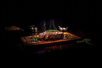 Naklejka na ściany i meble Close up of grilled fish food with salt on wooden plate with smoke on dark background