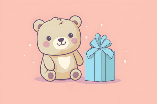 Teddy bear and blue gift box on pink background. Greeting card for birthday