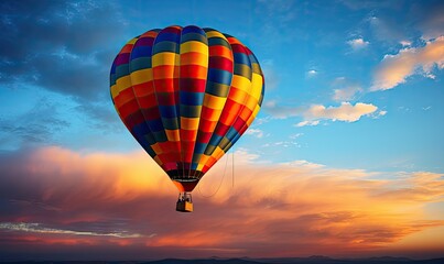 Fototapeta na wymiar Hot air balloon during a sunset, colorful balloon travel concept, new experiences.
