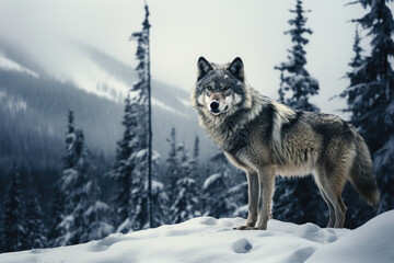 Lone wolf traversing a snowy wilderness