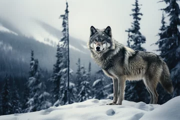 Deurstickers Lone wolf traversing a snowy wilderness © thejokercze