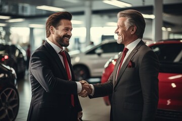 Car salesman closing deal and selling a new car to another man. Handshaking the new deal.
