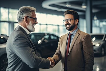 Car salesman closing deal and selling a new car to another man. Handshaking the new deal. - obrazy, fototapety, plakaty