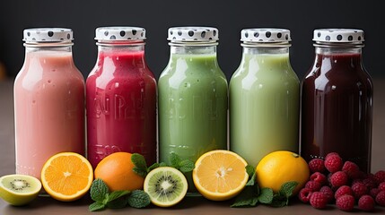 Various smoothies in a jar and ingredients, natural smoothies with green vegetables and fruits.