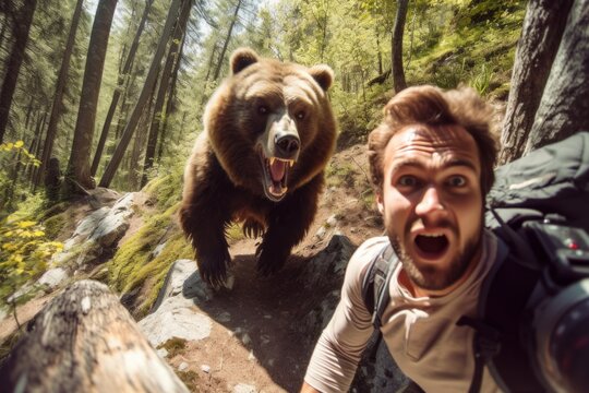Man running away from scary bear in forest