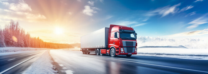 Large truck driving on a road in winter, snow covered landscape and sunset sky background. Generative AI - Powered by Adobe