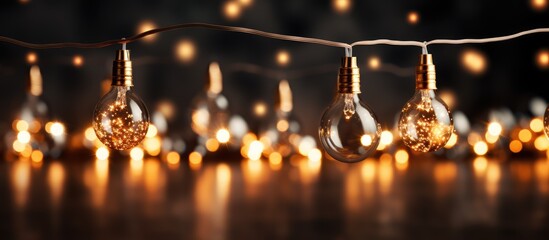 Blurred light bulb garland against dark backdrop space for text
