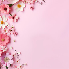 Fototapeta na wymiar Banner with flowers on light pink background, composition with copy space