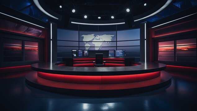 news or tv show reporter studio interior with nobody, table, chair and spotlights, Generative Ai