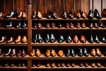 A row of elegant, handcrafted leather shoes displayed on a polished wooden shelf. - obrazy, fototapety, plakaty