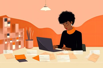 Black Woman working on laptop sitting at the cafe table.Happy freelancer or office female remote job