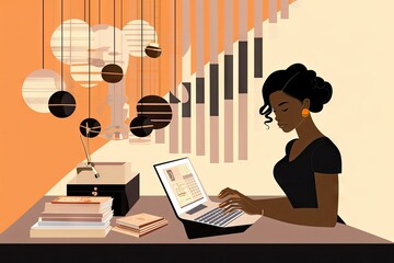 Black Woman working on laptop sitting at the cafe table.Happy freelancer or office female remote job