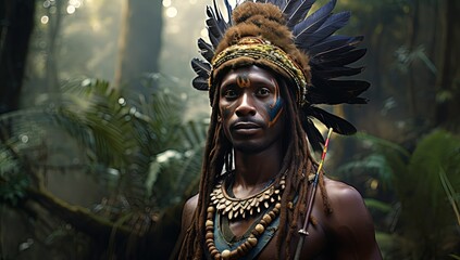 close up portrait of African tribal man walk in jungle, Generative Ai