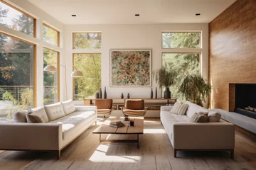 Fotobehang modern midcentury house living room, real state concept, new house model. © Banana Images