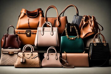 A stack of designer handbags in various shapes and colors, symbolizing timeless elegance. - obrazy, fototapety, plakaty