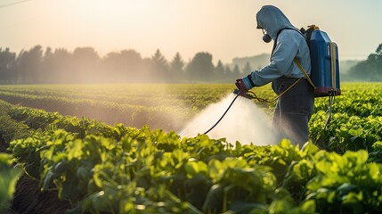 farmer with a mist sprayer blower processes the potato plantation from pests and fungus infection