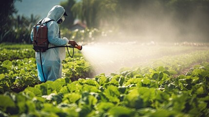 farmer with a mist sprayer blower processes the potato plantation from pests and fungus infection - obrazy, fototapety, plakaty