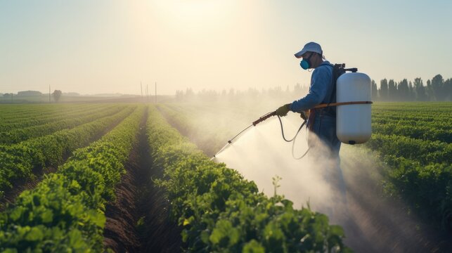 farmer with a mist sprayer blower processes the potato plantation from pests and fungus infection