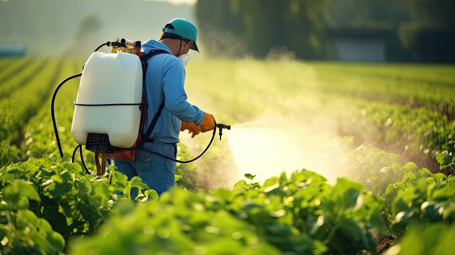 farmer with a mist sprayer blower processes the potato plantation from pests and fungus infection