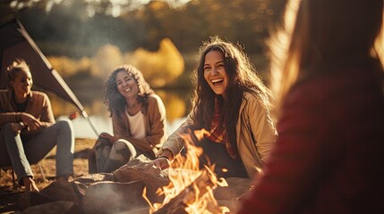 Group of women having fun camping at campsite making a fire. Laughing and bonding together, joyfull