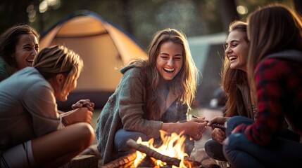 Group of women having fun camping at campsite making a fire. Laughing and bonding together, joyfull