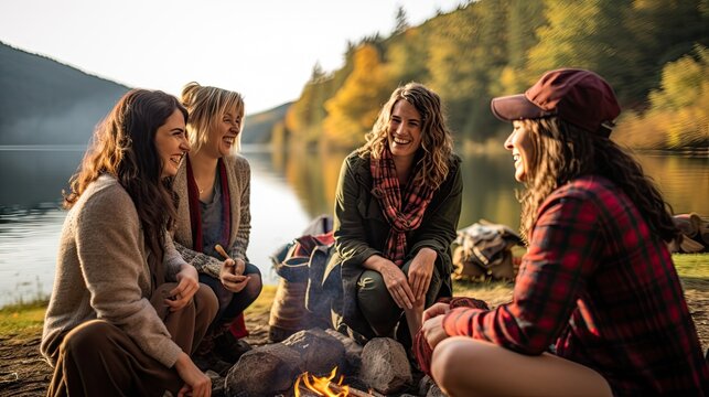 Diverse group of young female friends talking together while a doing a campfire. Bonding together - Powered by Adobe