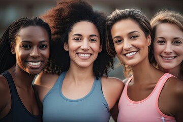 Diverse group of 40yo woman training together in the street, portrait smiling to camera.Healthy life