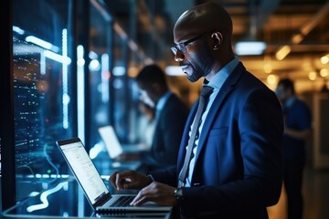Serious African American man with laptop stands in the server room. Collection and storage of large amounts of data. Checks the operation of servers and automation.