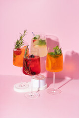 Set of colourful summer alcoholic cocktails with ice. Relaxing refreshing drinks for hot summer