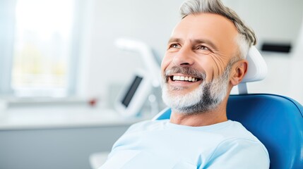 Happy mature man during teeth check-up at dental clinic. Smiling during a procedure, no fear concept